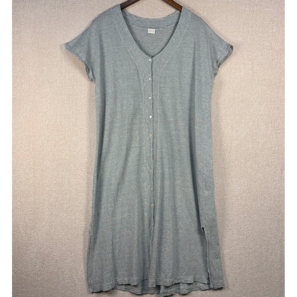 Poetry Dress Womens Size 12 Green White Striped Linen Cotton Button Front Midi